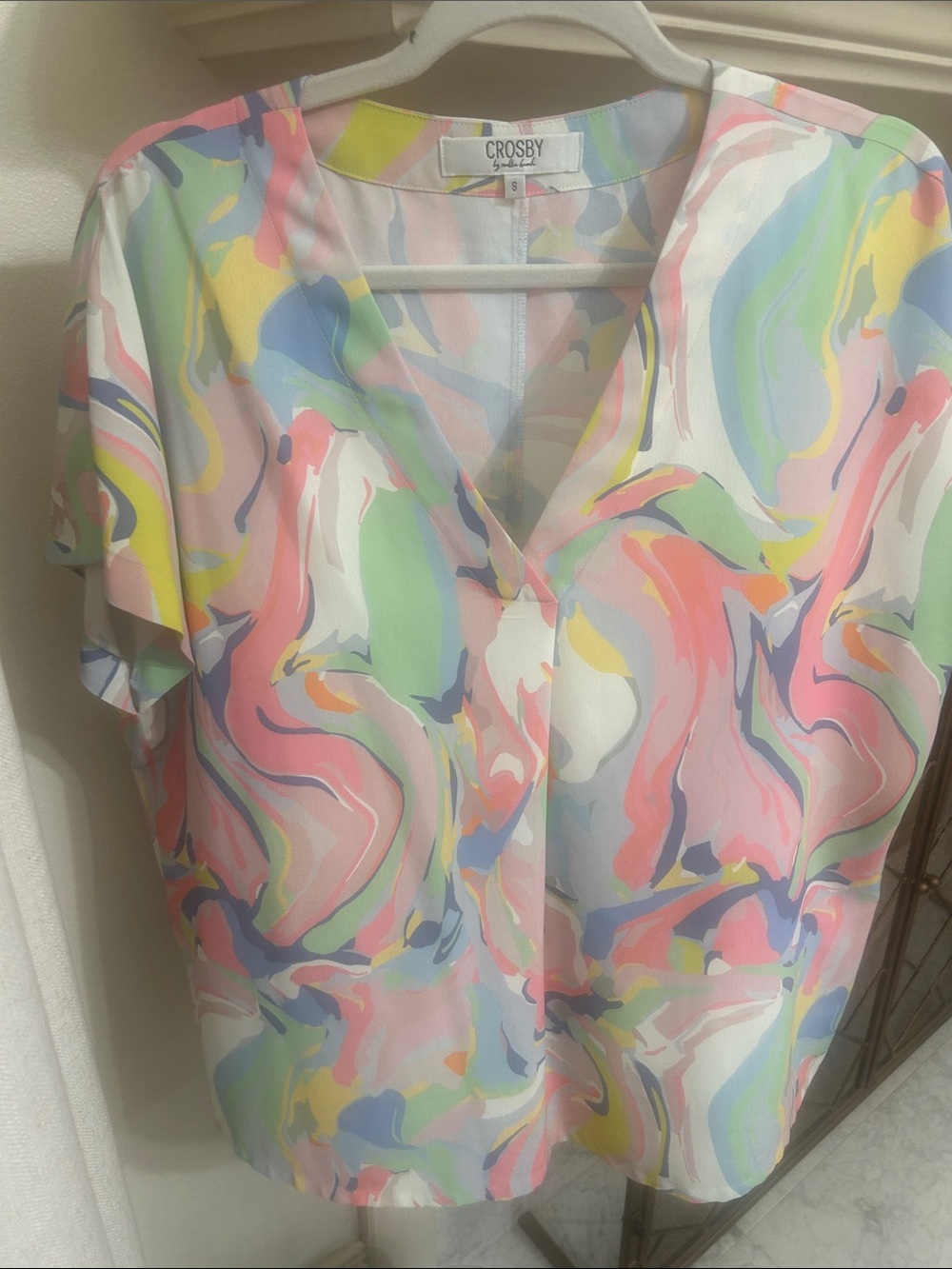 crosby. Pastel Swirl V-Neck Blouse in Pink, Blue, Green, Yellow